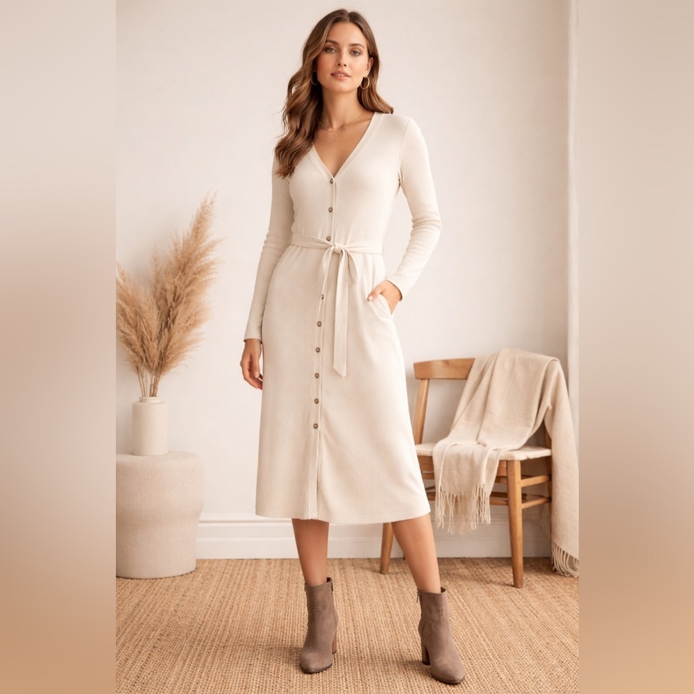 Banana Republic Ribbed Button-Front Tie Waist Sweater Dress/Cardigan – Sz M - Picture 2 of 11